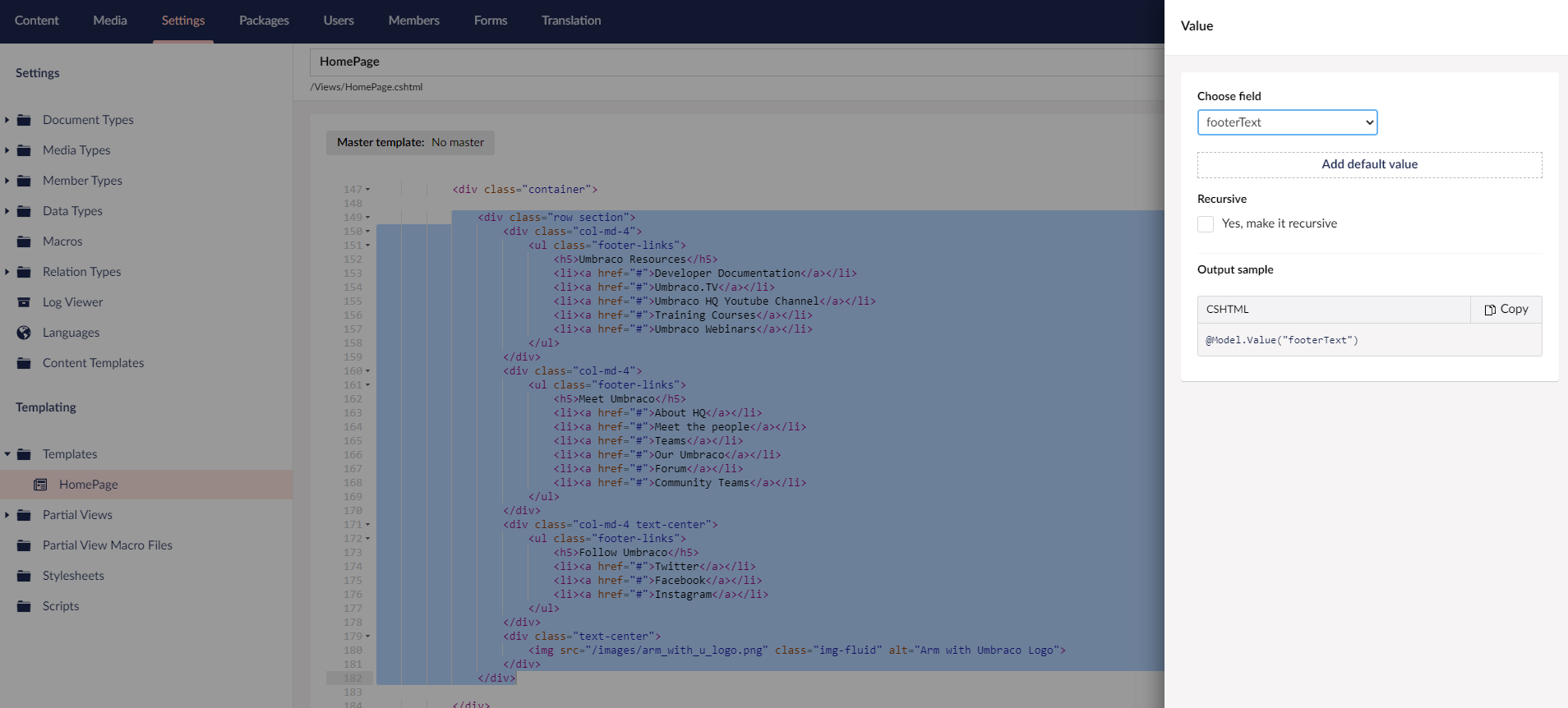 Replacing the Footer Text with the relevant Umbraco Page Field