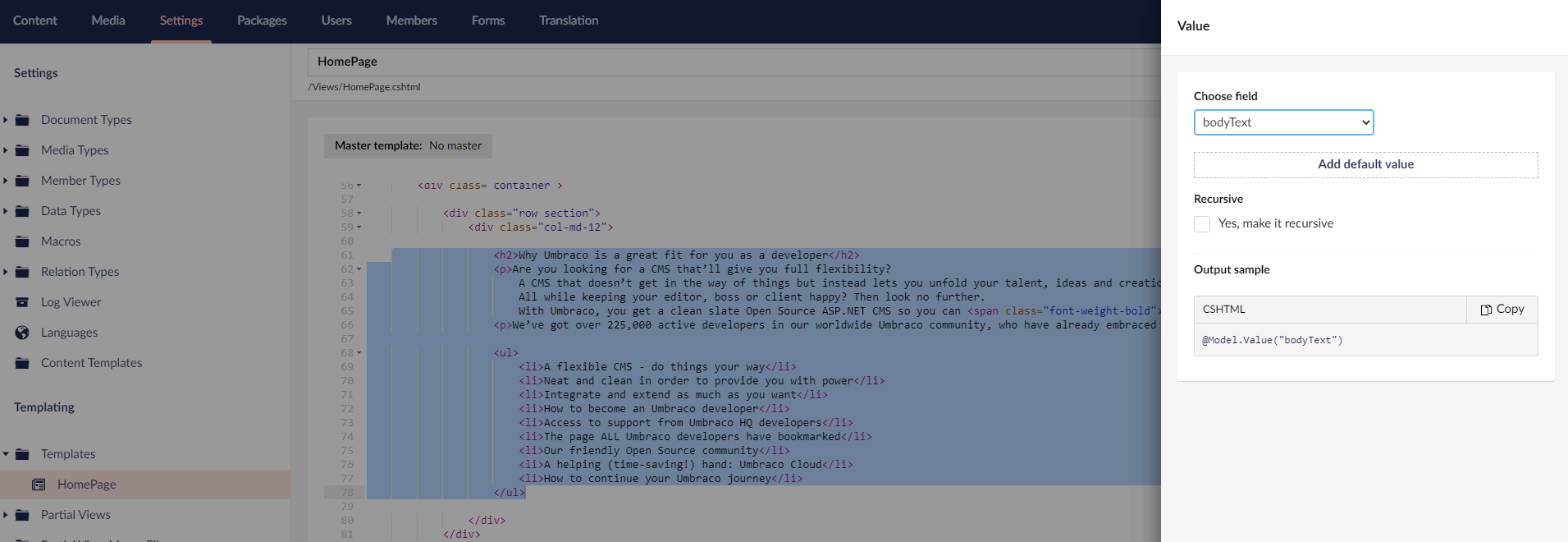Replacing the bodyText with the Umbraco Page Field