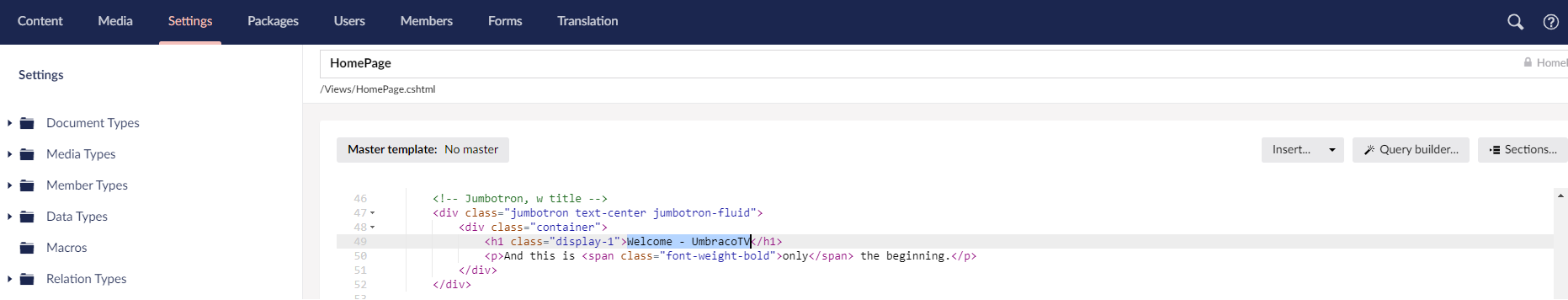 Preparing to replace the hardcoded text with an Umbraco Page Field